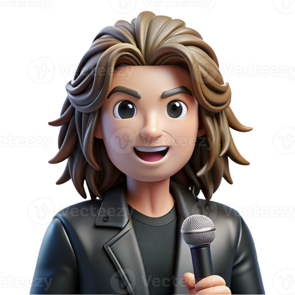 impressive classic Portrait of a charismatic rockstar with long tousled hair, a leather jacket, and a microphone, lit by stage lights, in a pop art style high quality png