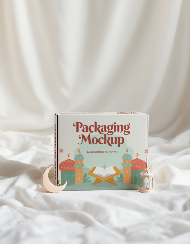 A Ramadan Mubarak packaging mockup featuring a crescent moon and lantern psd