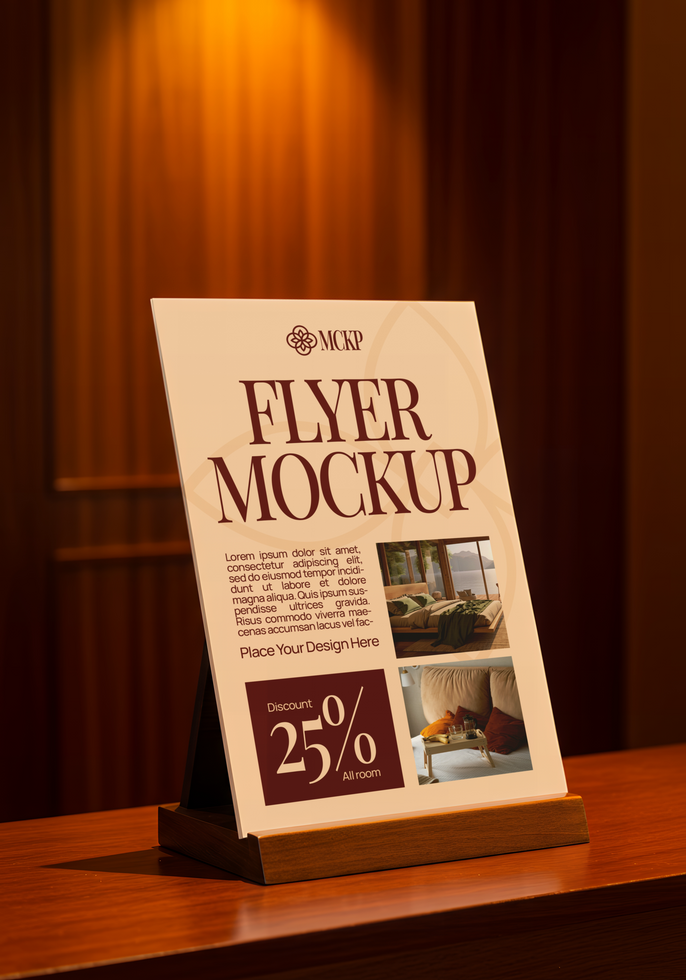 A stylish flyer mockup stands on a wooden counter advertising a 25 discount on all rooms psd