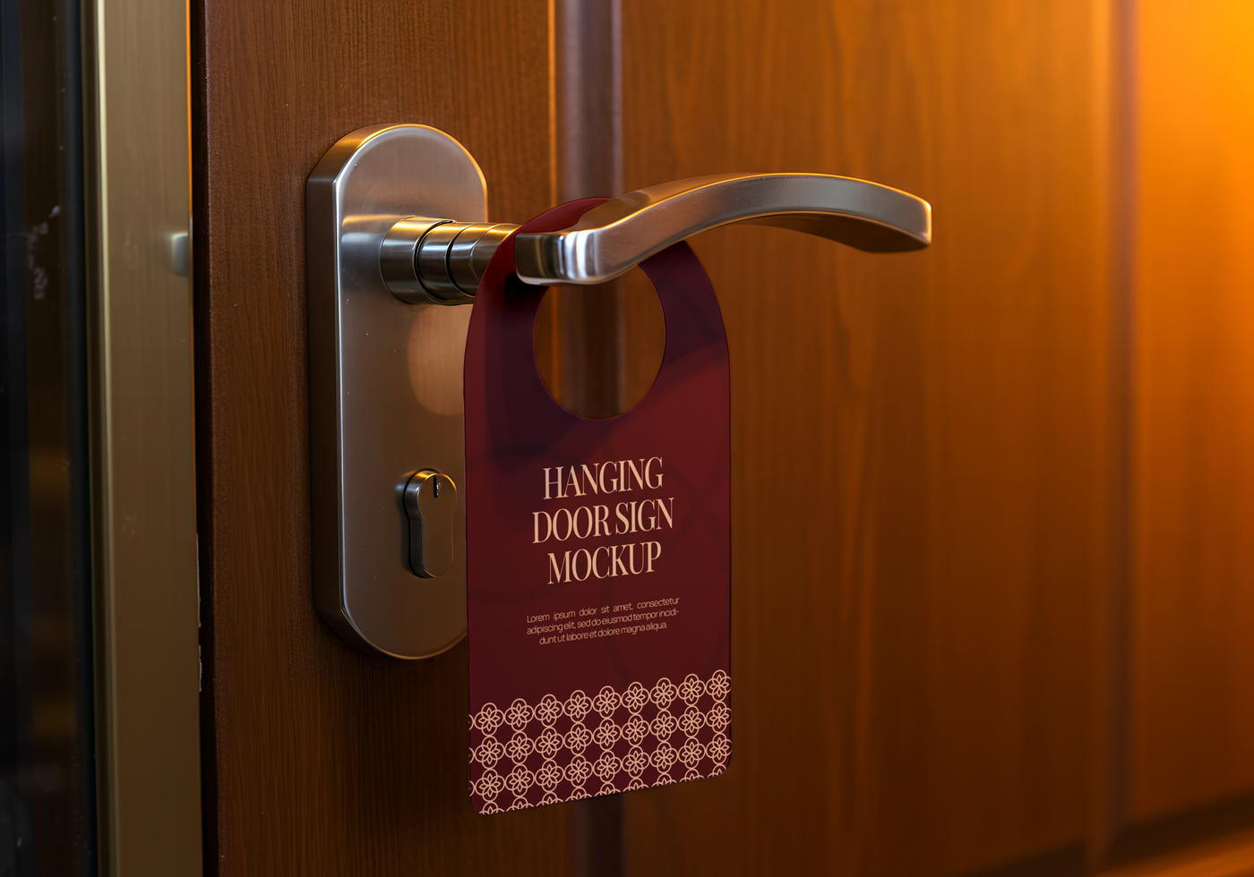 A maroon hanging door sign mockup is displayed on a hotel room door handle psd
