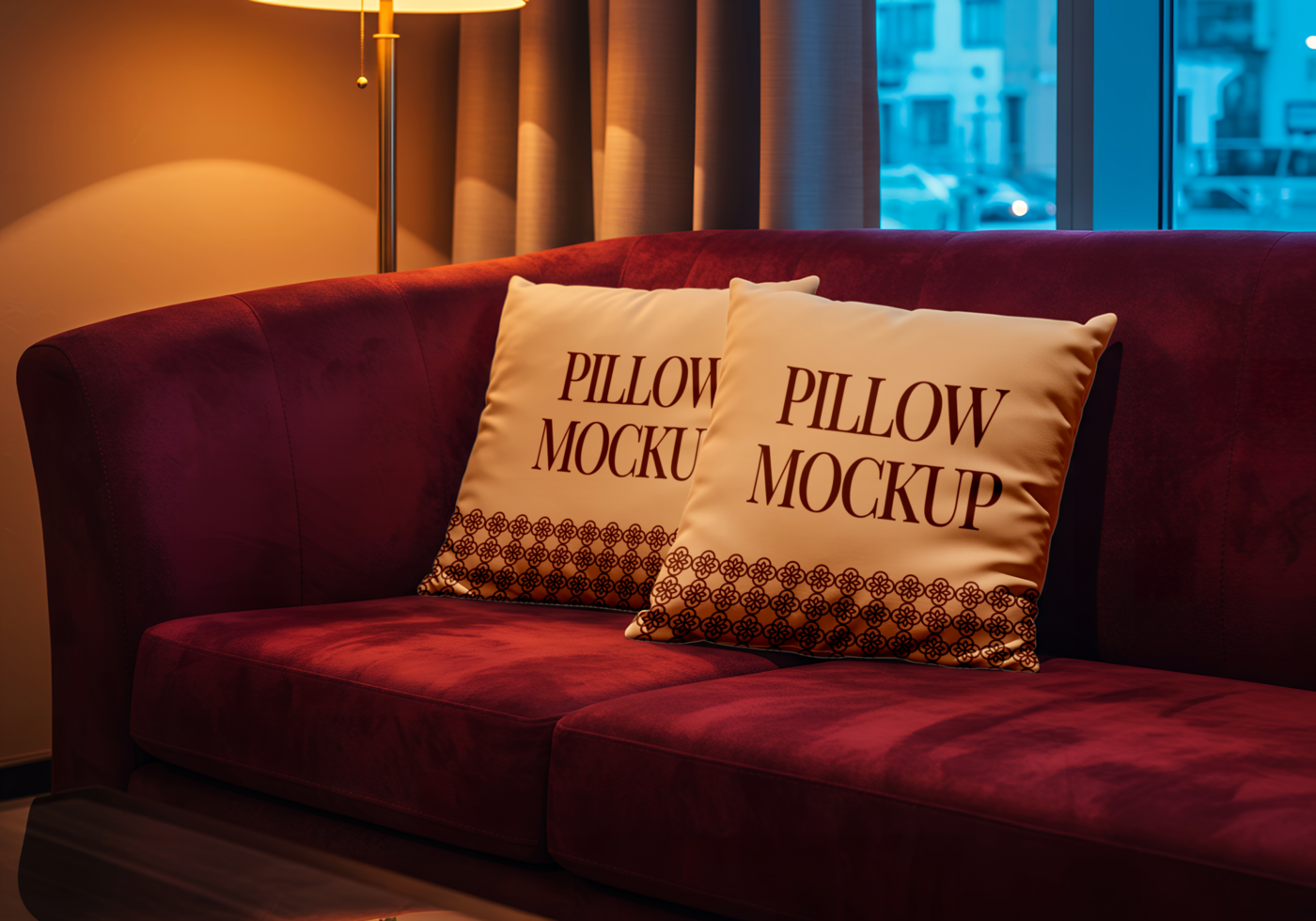 Two pillows reading Pillow Mockup sit on a plush burgundy couch next to a lamp psd