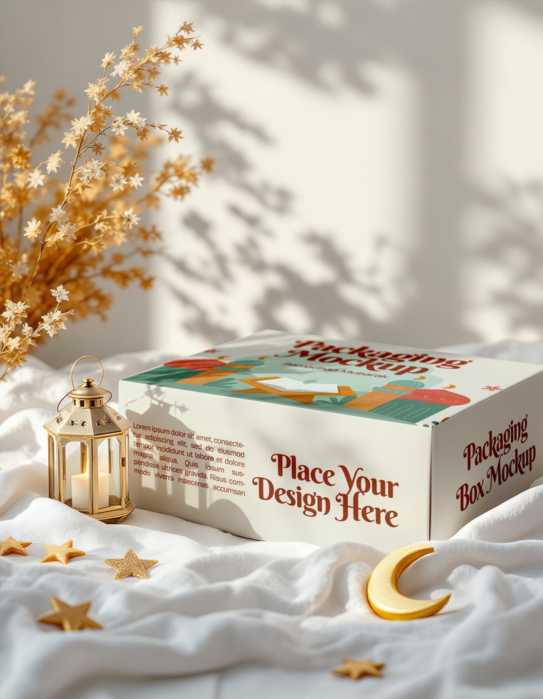 A product packaging mockup box sits on a white fabric with a gold crescent moon lantern and dried flowers psd