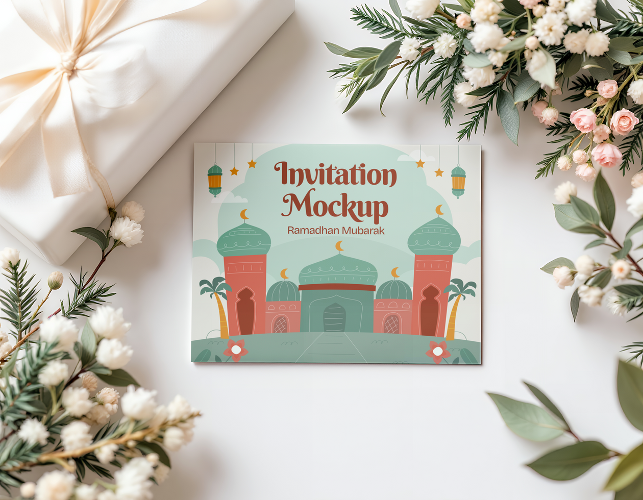 A Ramadan Mubarak invitation mockup featuring a mosque illustration surrounded by a gift and flowers psd