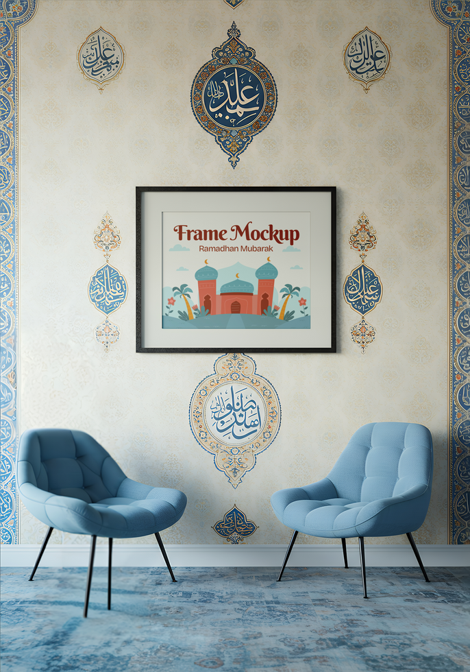 Two blue armchairs sit before a framed Ramadan Mubarak design against an ornate wall psd