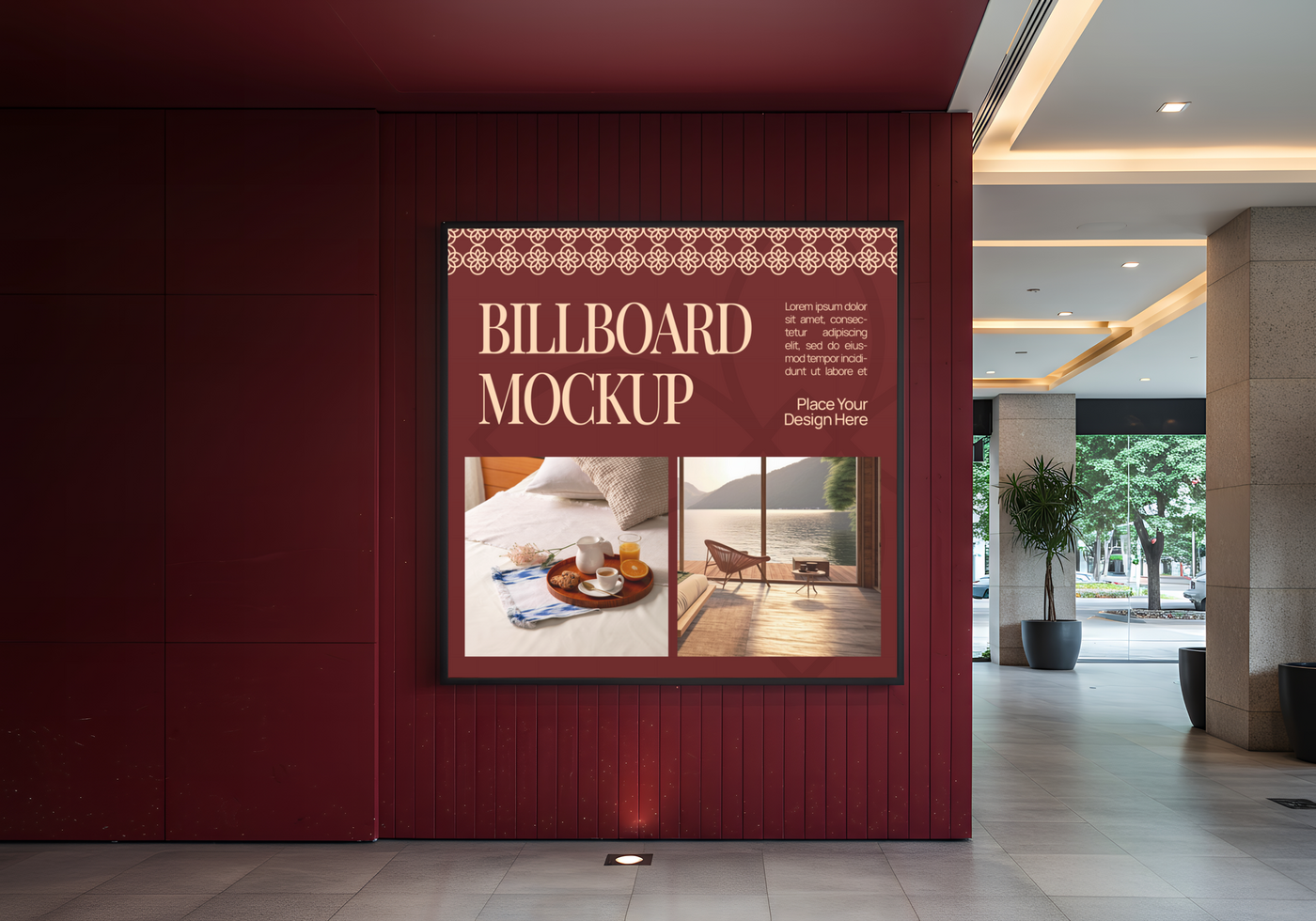 A billboard mockup showcasing tranquil hotel room and seaside views psd