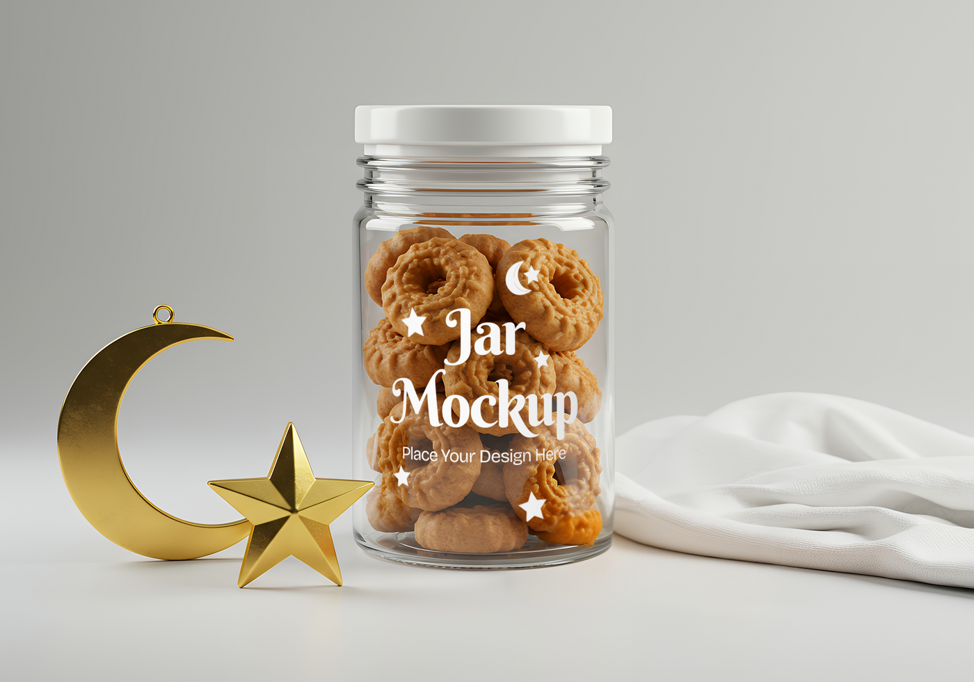 A glass jar filled with cookies sits beside a gold crescent moon and star psd