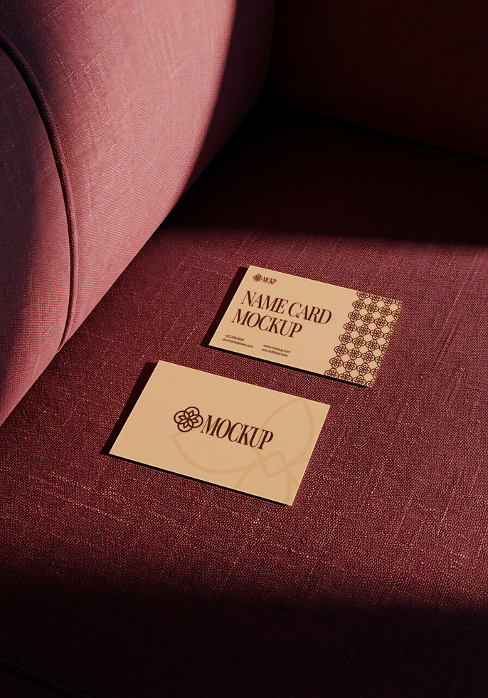 Two beige name card mockups rest on a burgundy fabric surface psd