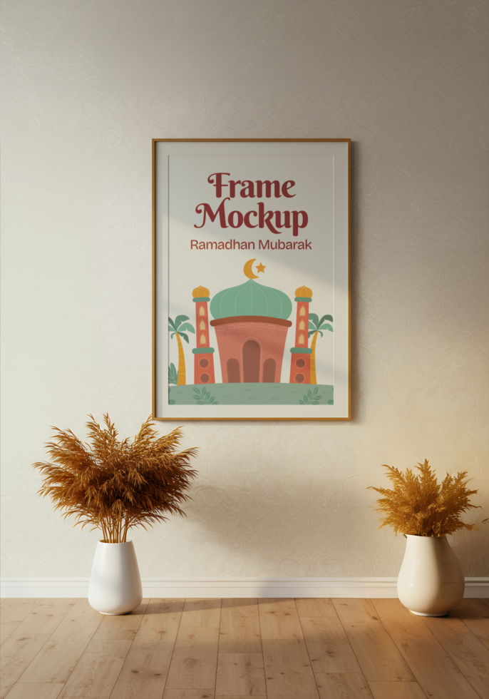 A Ramadan Mubarak frame mockup featuring a mosque illustration hangs on a wall flanked by pampas grass arrangements psd