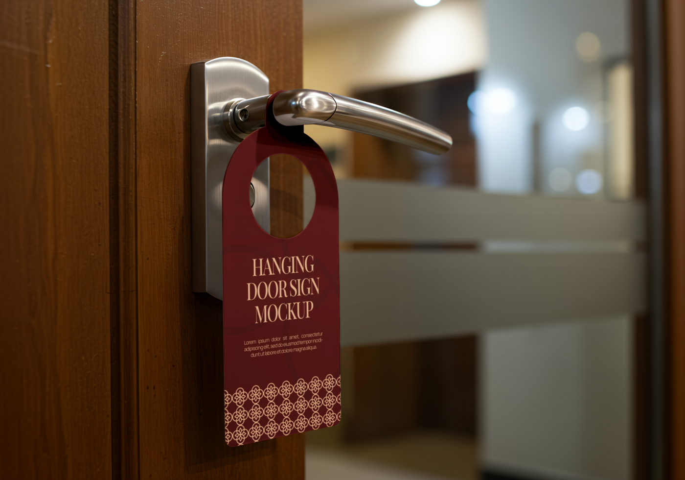A maroon hanging door sign mockup hangs on a modern door handle psd
