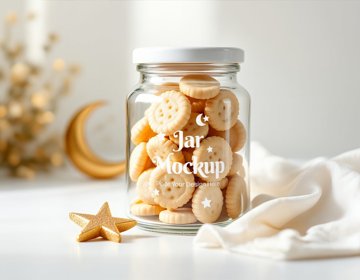 A glass jar filled with cookies labeled Jar Mockup psd