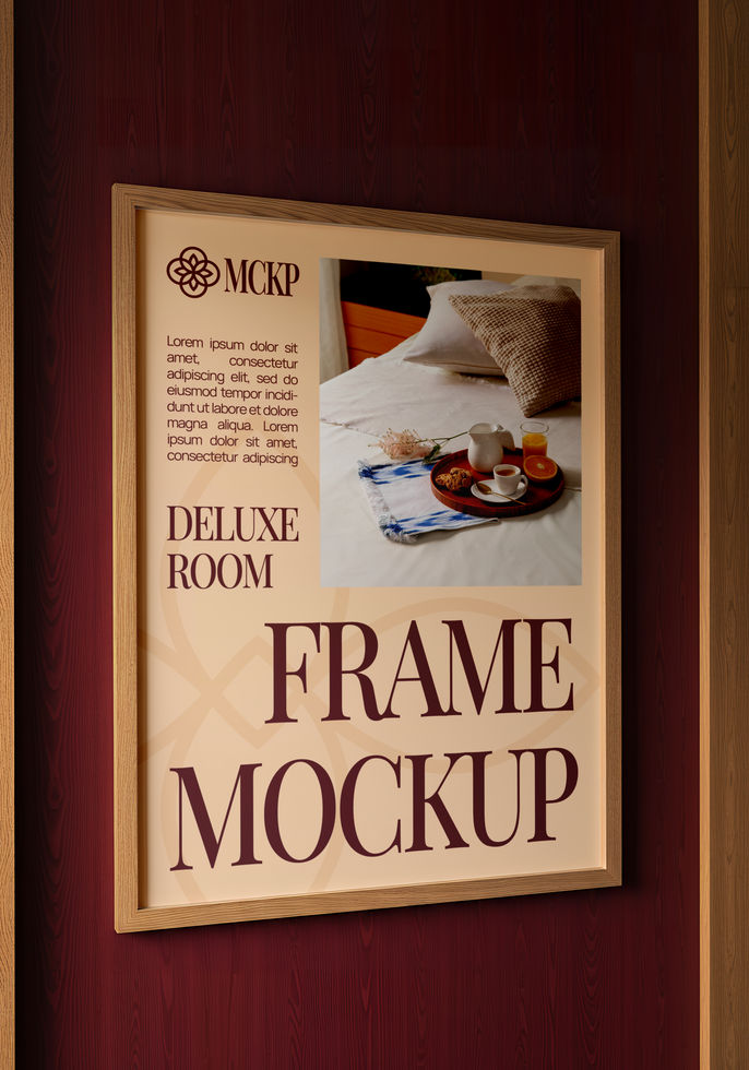 A deluxe room frame mockup showcasing a breakfast tray on a hotel bed psd