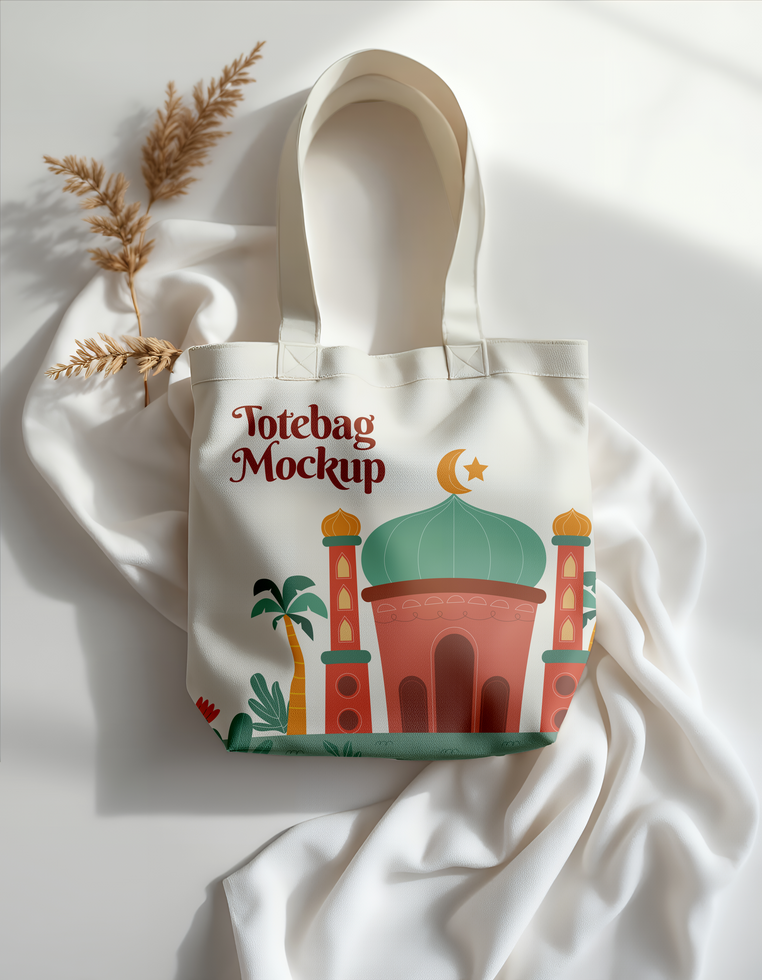 A cream tote bag mockup featuring a mosque illustration rests on a white psd