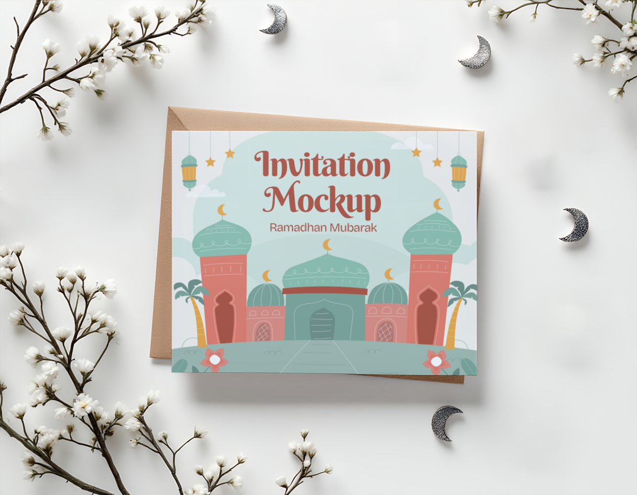 A Ramadan Mubarak invitation mockup featuring an illustration of mosques and lanterns psd