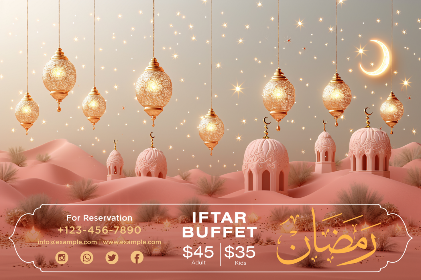 Ramadan Iftar Party Hanging Lanterns Banner with Elegant Crescent Moon and Glittering Gold Design psd
