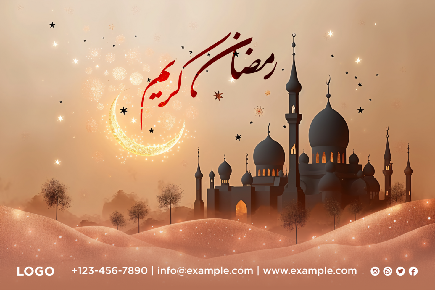 Crescent Moon and Stars Ramadan Iftar Party Banner with Mosquea Stylish Gold psd