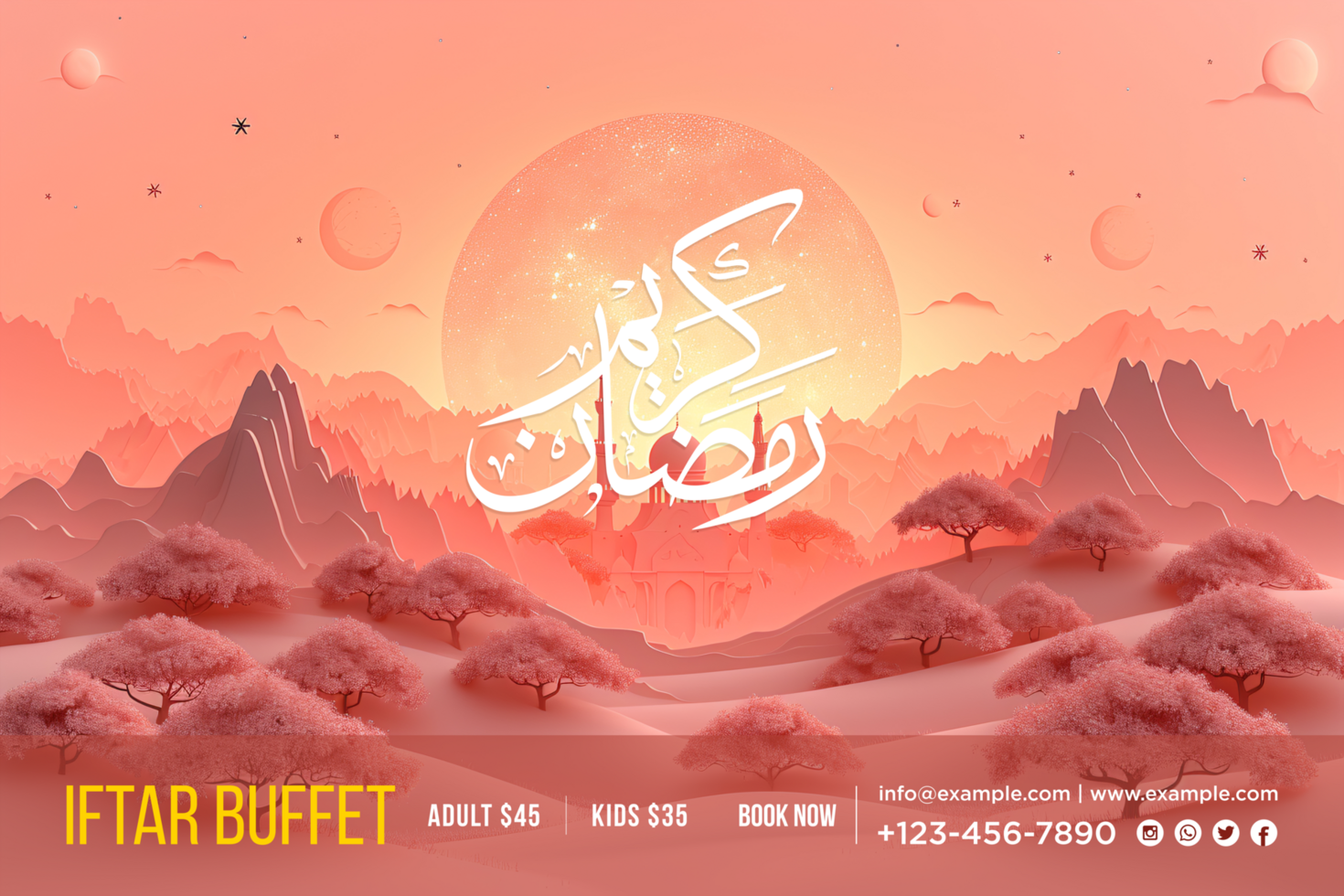 Pink Ramadan Iftar Buffet Banner with Elegant Crescent Moon and Starry Night Design psd