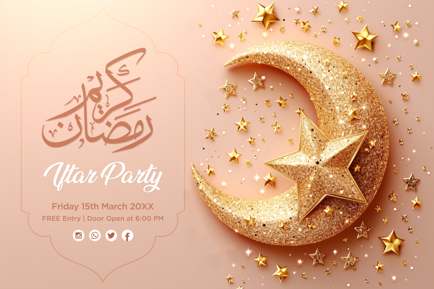 Ramadan Iftar Party Glitter Banner with Hanging Crescent Moon and Stars on a Festive Background psd