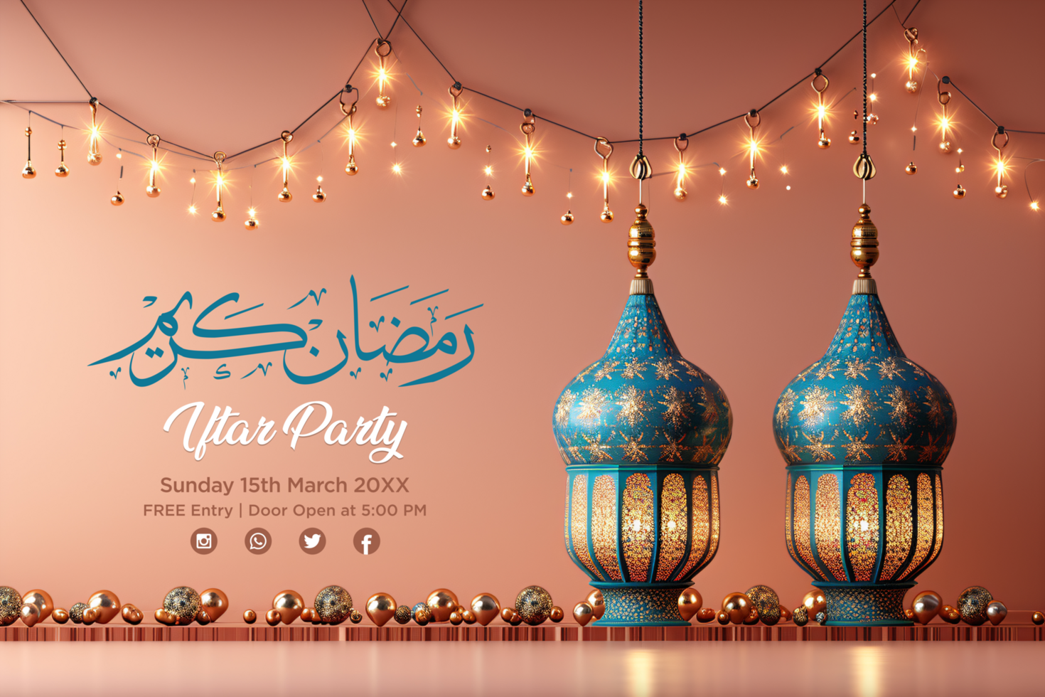 Celebrate Ramadan Iftar Party with a Luxurious Banner Featuring Elegant Hanging Lanterns and Stars psd