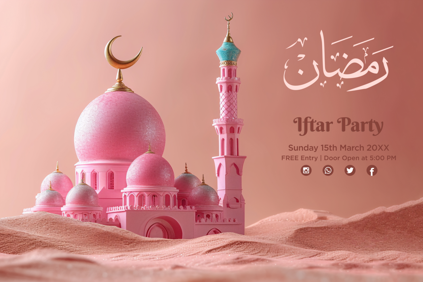 Ramadan Iftar Buffet Banner with Elegant Pink Model Mosque and a Luxurious Glowing Glitter Background psd