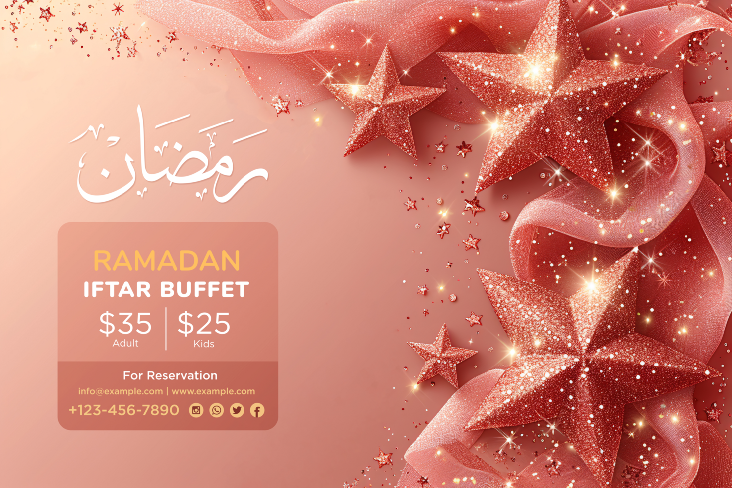 Flatlay Stars Ramadan Iftar Party Banner with Glittering Gold and Pink psd