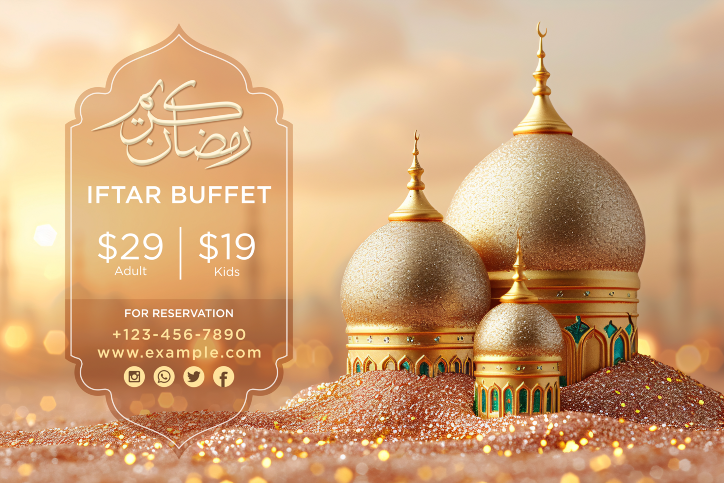 Ramadan Iftar Buffet Banner with Elegant Traditional Model Mosque and a Luxurious Gold Glowing Glitter Background psd