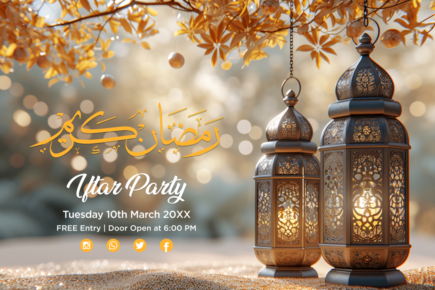 Ramadan Iftar Party Poster Featuring Hanging Lanterns psd