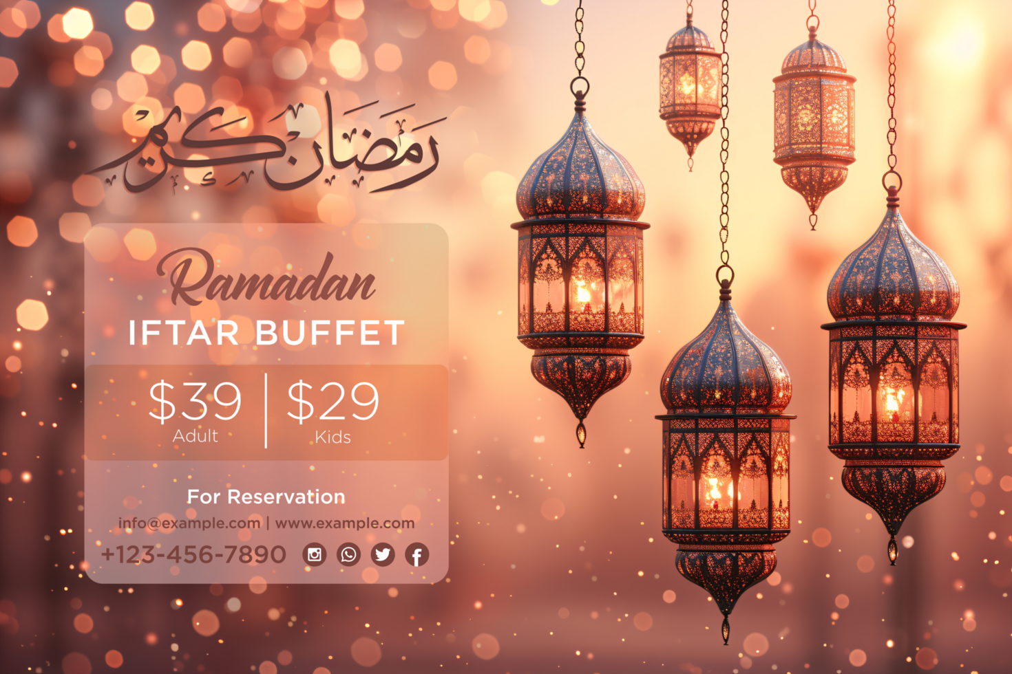 Ramadan Kareem Hanging Lanterns Banner for an Iftar Celebration with a Stylish Golden Glow psd