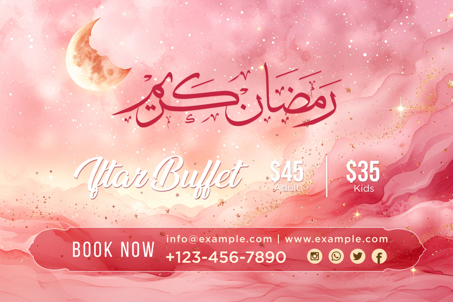 Pink and Gold Ramadan Iftar Buffet Poster with Glittering Stars and Crescent Moon Decoration psd
