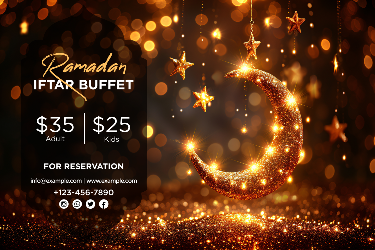 Ramadan Iftar Party Banner Design Glowing Bookeh Hanging Stars, Glitter Moon, and Traditional Golden Lanterns psd