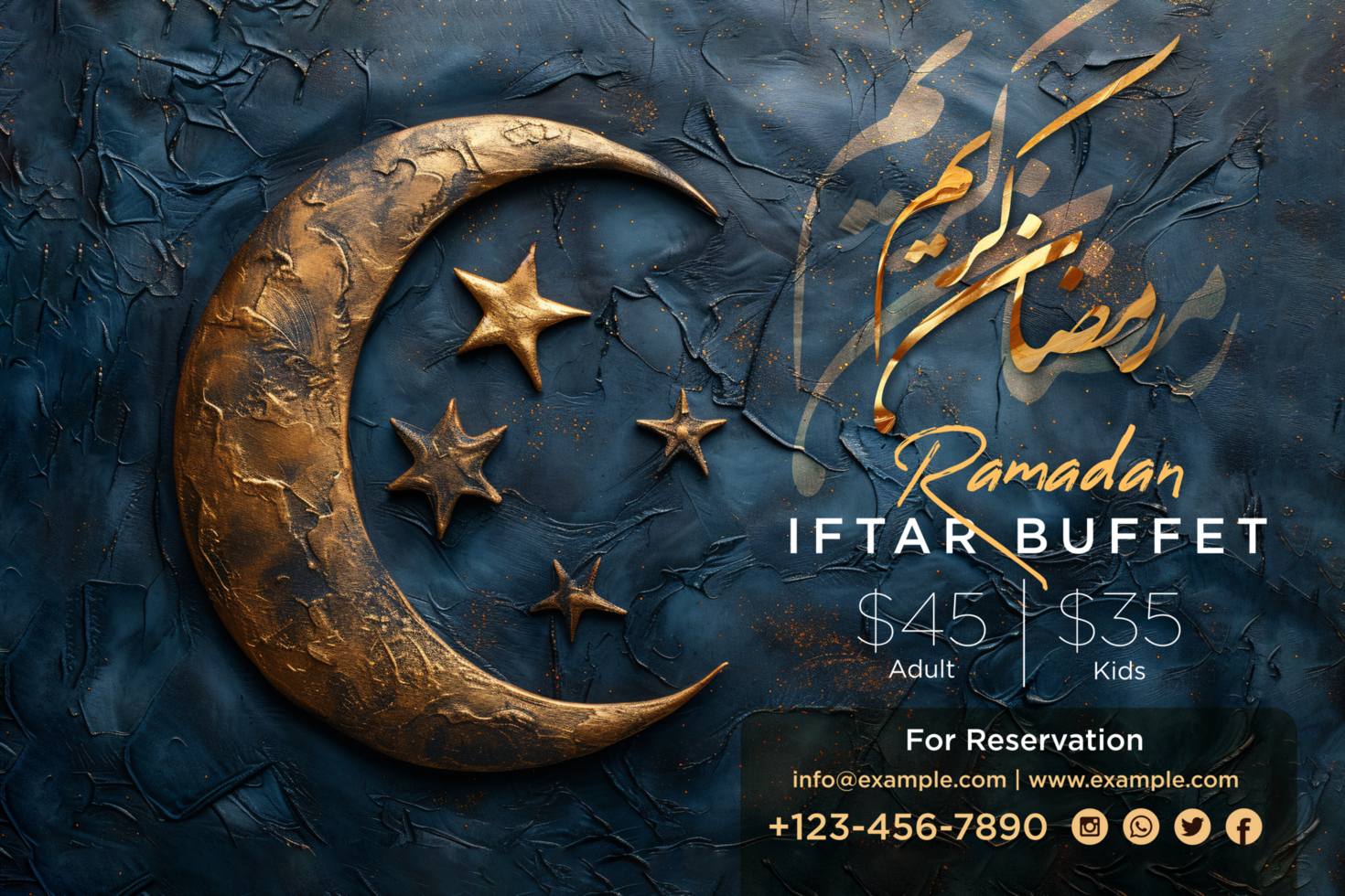 Golden Moon Acralic style Ramadan Mubarak Iftar Buffet Vertical Banner Design with Crescent Moon, Lanterns, and Festive Gold Accents psd