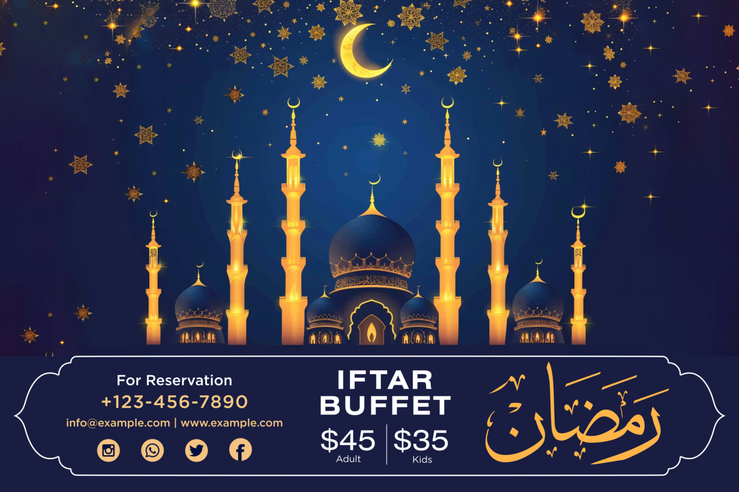 Celebrate Ramadan with a Stylish Iftar Buffet Banner Featuring Hanging Stars and a Moonlit Background psd