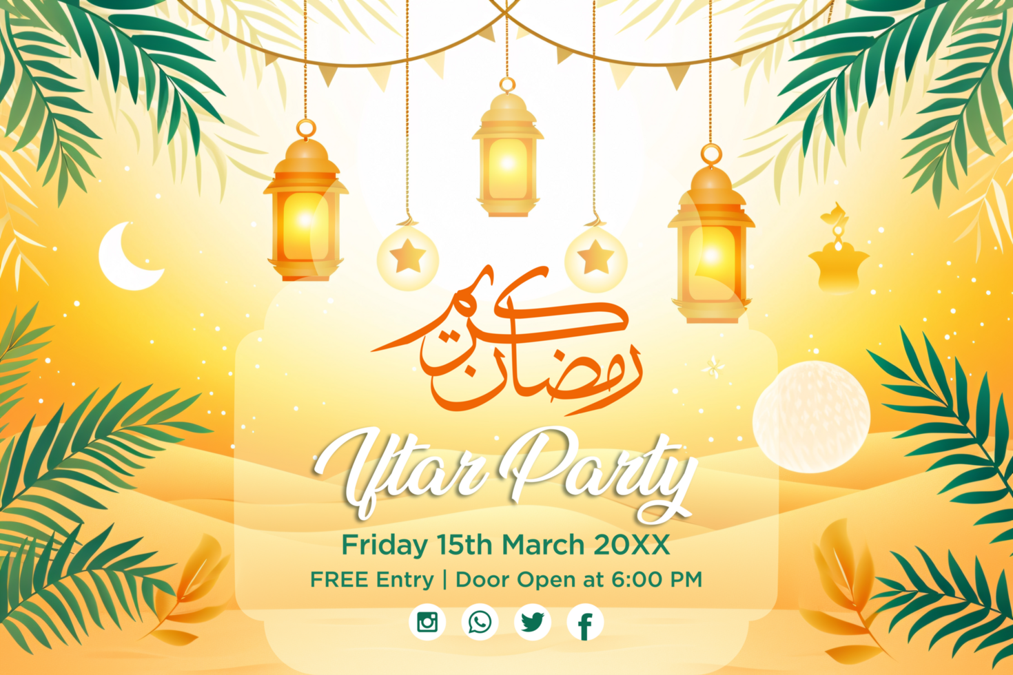 Hanging Lanterns and Crescent Moon Ramadan Kareem Iftar Buffet Banner with a Green Leaves psd
