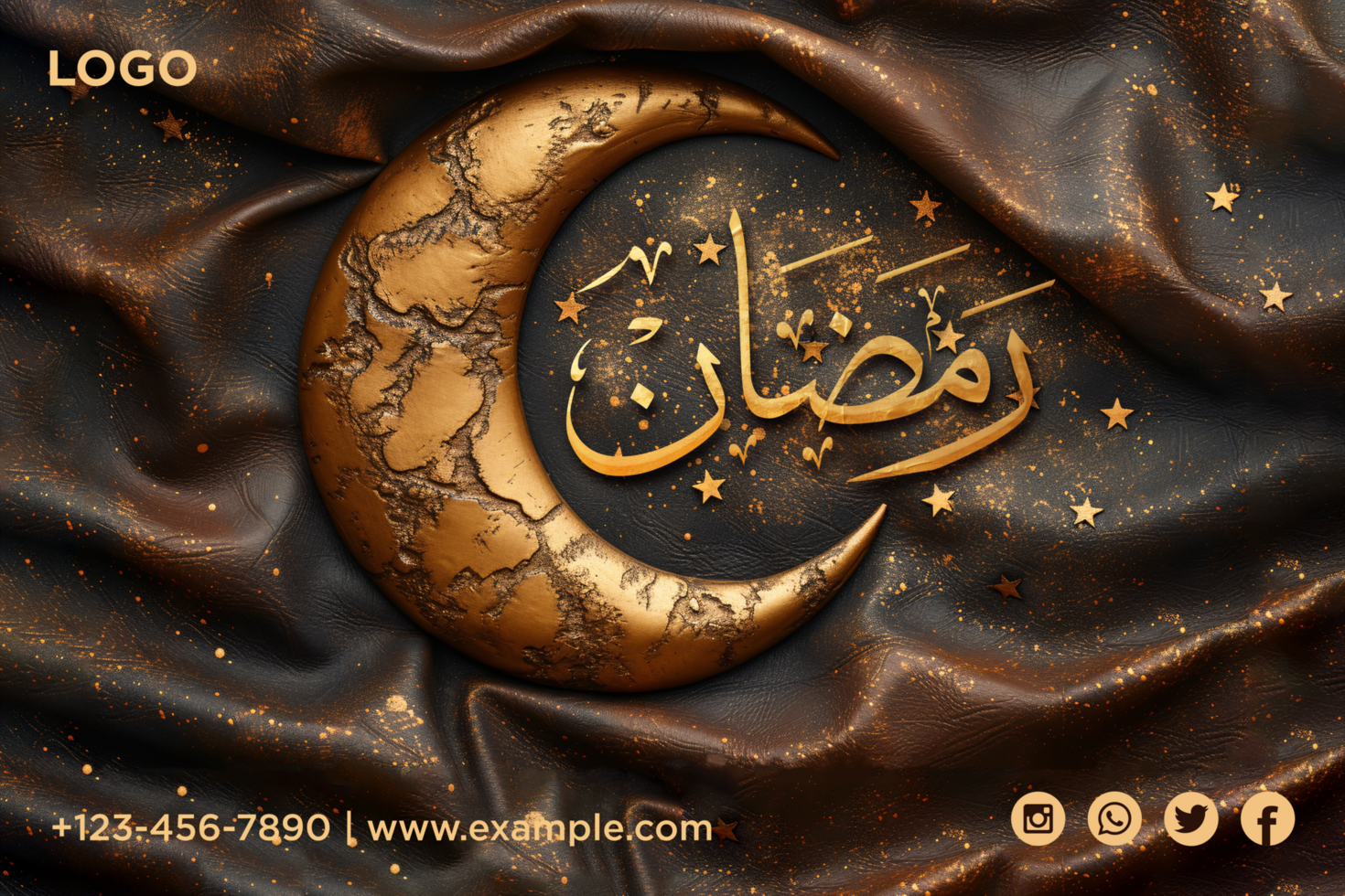 Golden Ramadan Banner Moon with intricate lantern decorations psd