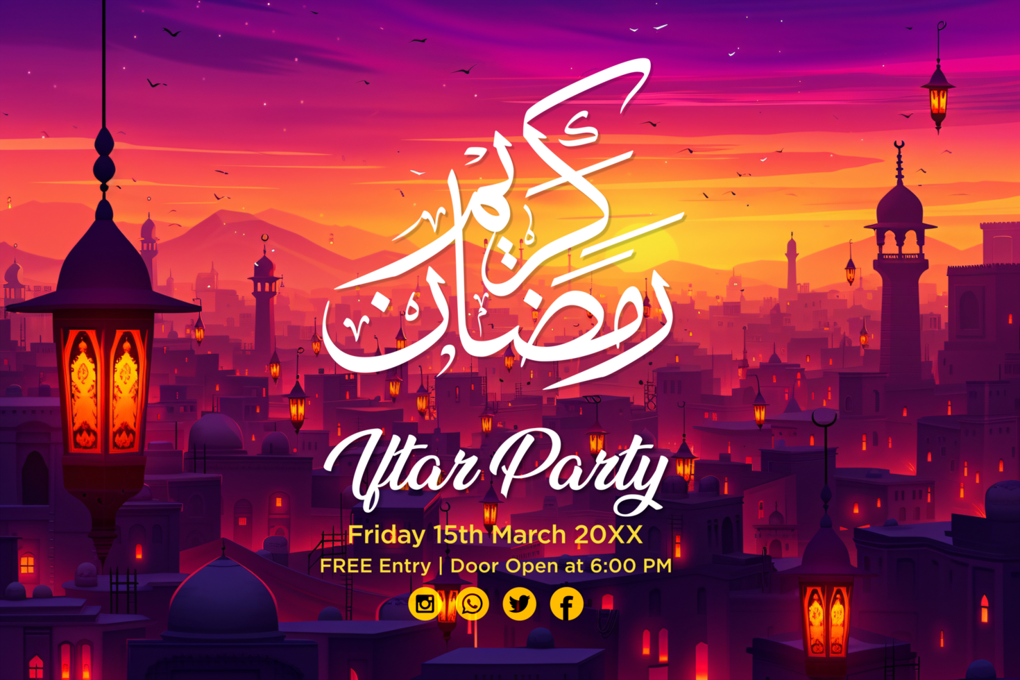 Ramadan Iftar Party Invitation with Crescent Moon, Lanterns, and Glittering Stars in a Beautiful Banner psd