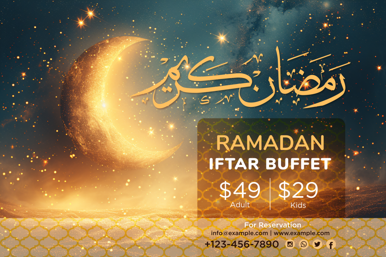 Glowing Stars and Hanging Crescent Moon in a Ramadan Iftar Party Banner for Festive Vibes psd