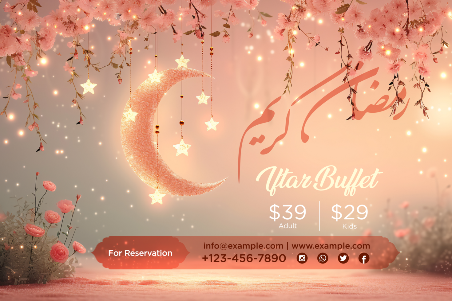 Ramadan Iftar Buffet Banner with Elegant Pink Flowers and Glowing stars Festive Moon and Stars Decor psd