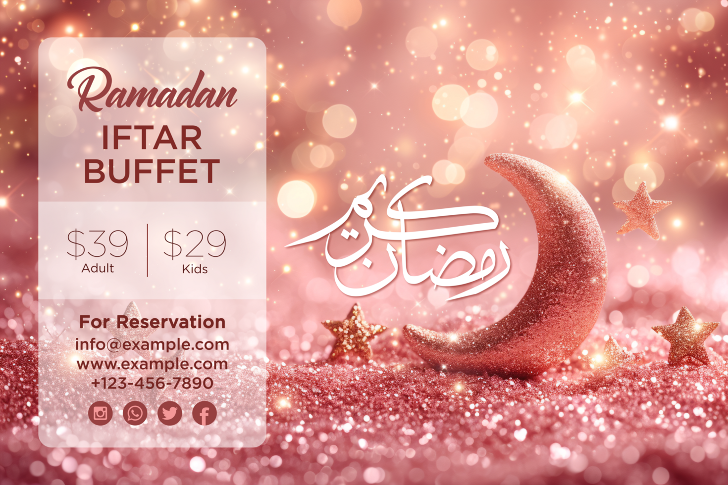 Ramadan Iftar Buffet Banner with Pink Glitter Background and Festive Moon and Stars Decor psd