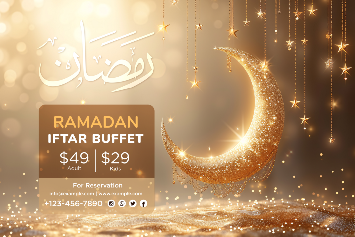 Elegant Ramadan Hanging Moon and Stars Banner with a Glowing Crescent and Beautiful Background psd