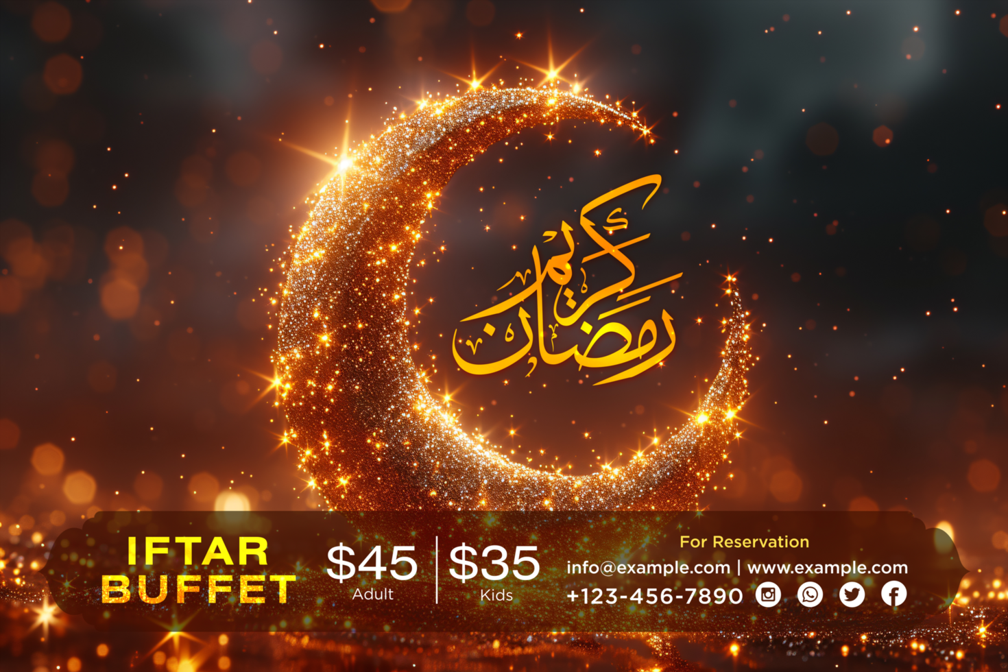 Stunning Ramadan Iftar Party Banner with a Pink Glitter Background and Golden Crescent Moon psd