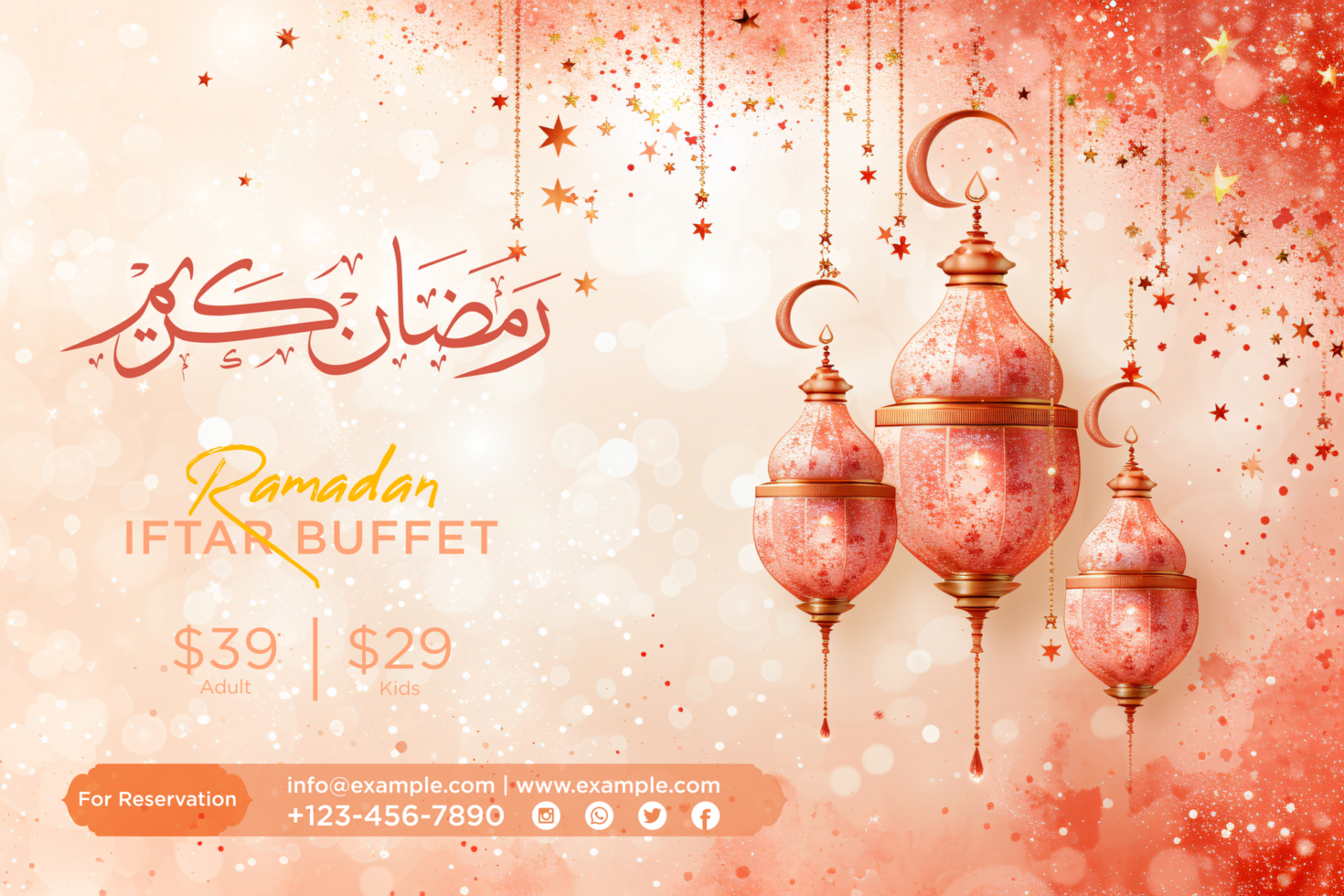 Ramadan Hanging Lanterns and Crescent Moon Banner for an Elegant Festive Atmosphere Water color style psd