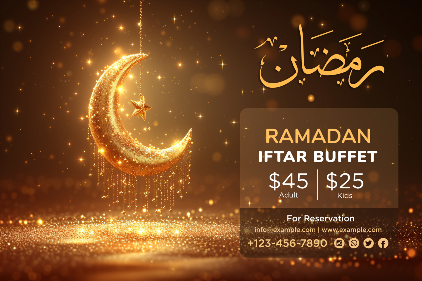 Ramadan Kareem Banner with Elegant Golden Crescent Moon, Stars, and Arabic Calligraphy on a Dark Background psd