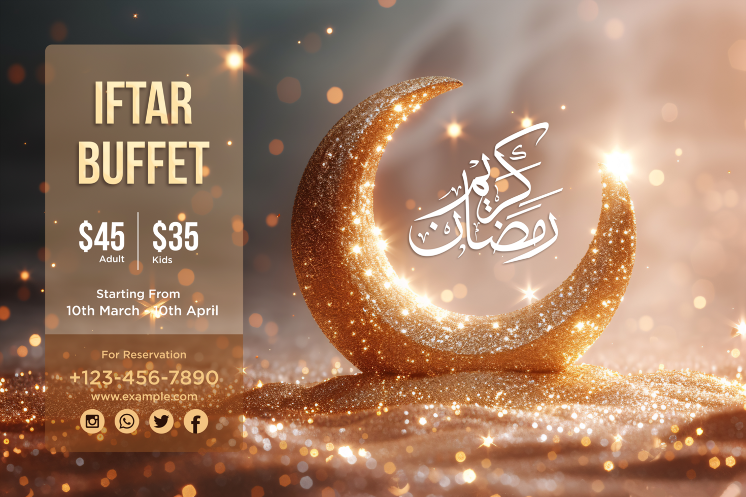 Iftar Celebration Banner Featuring a Vibrant Background with Hanging Lanterns and Crescent Moon Glow psd