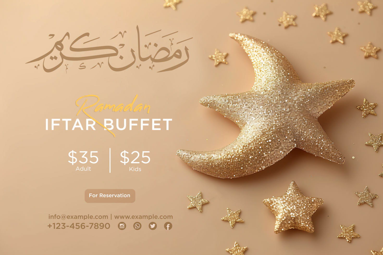 Ramadan Iftar Buffet Banner with Beautiful Islamic Patterns, Crescent Moon, and Hanging Glowing Lanterns psd