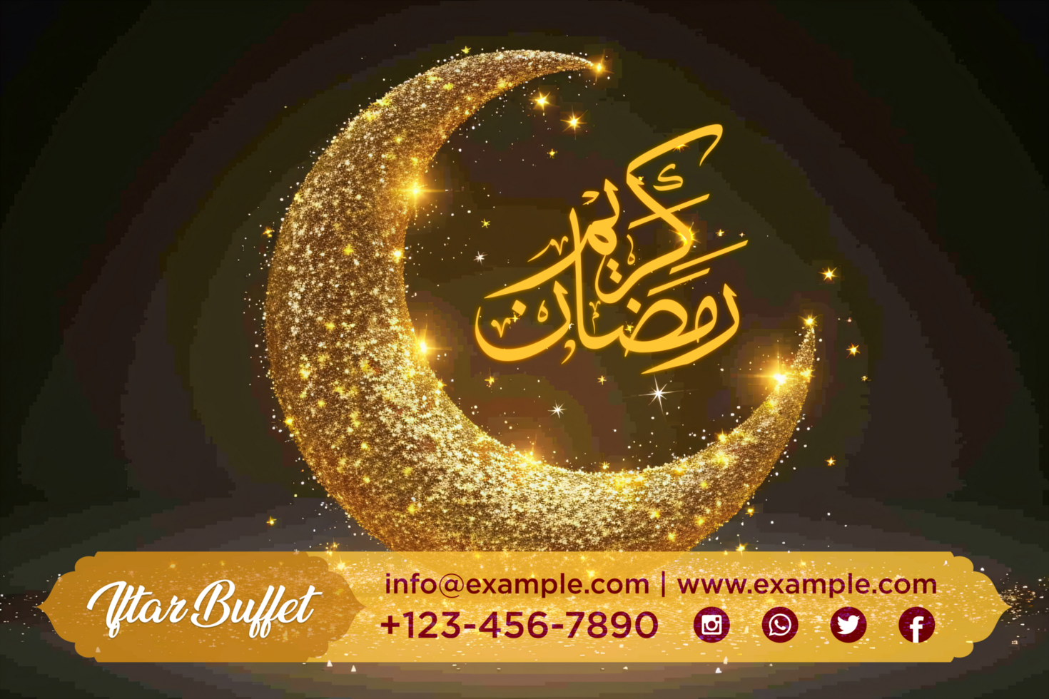 Ramadan Iftar Night Banner with a Vibrant Background, Golden Crescent, and Decorative Arabic Calligraphy psd