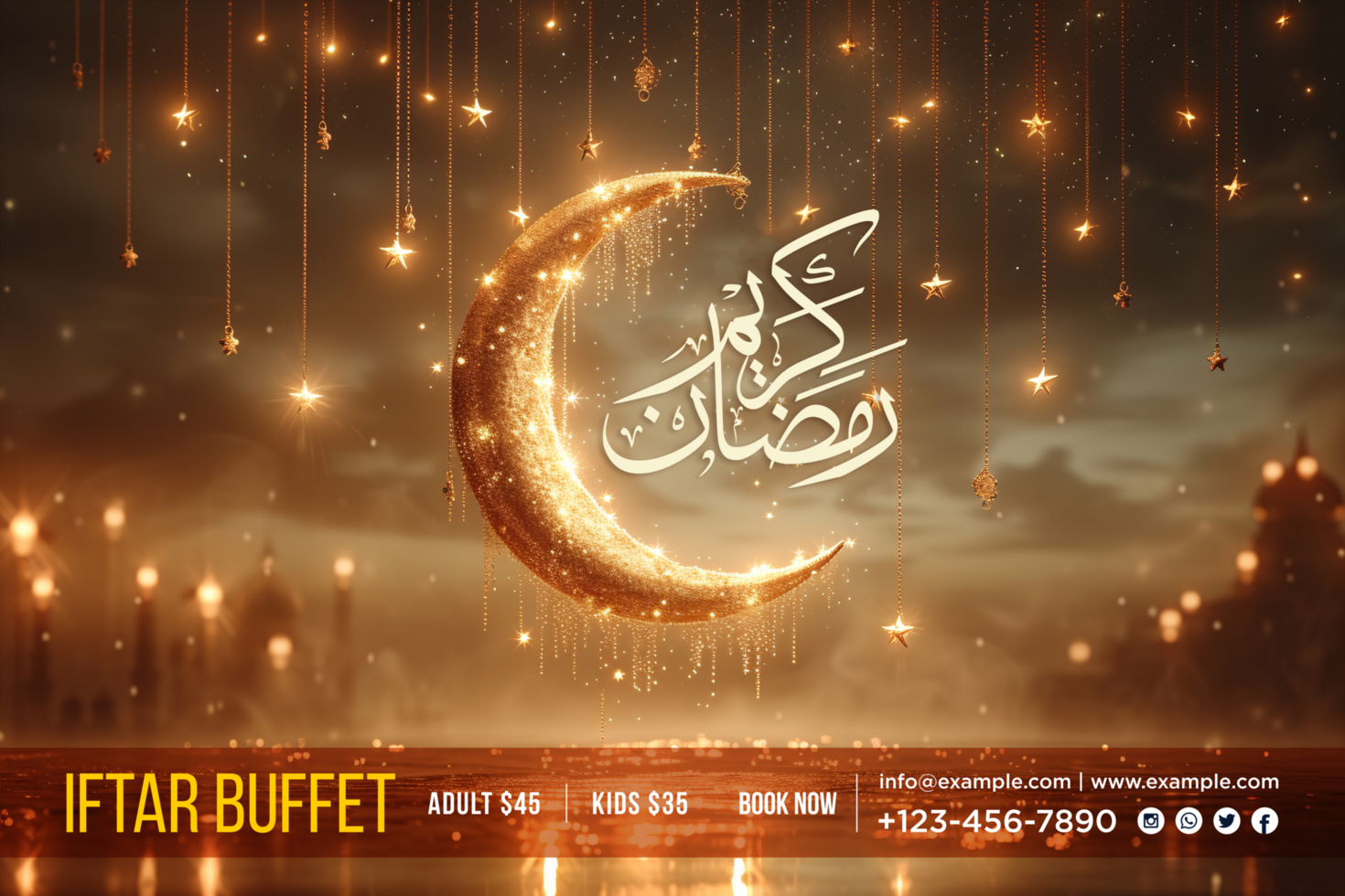 Ramadan Iftar Celebration Banner with a Beautiful Ornamental Pattern and Hanging Traditional Ramadan Lanterns psd