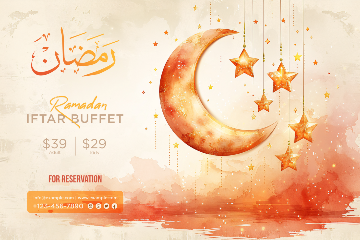 Celebrate Ramadan with an Elegant Iftar Banner Featuring a Starry Night and a Glowing Crescent watercolor style psd
