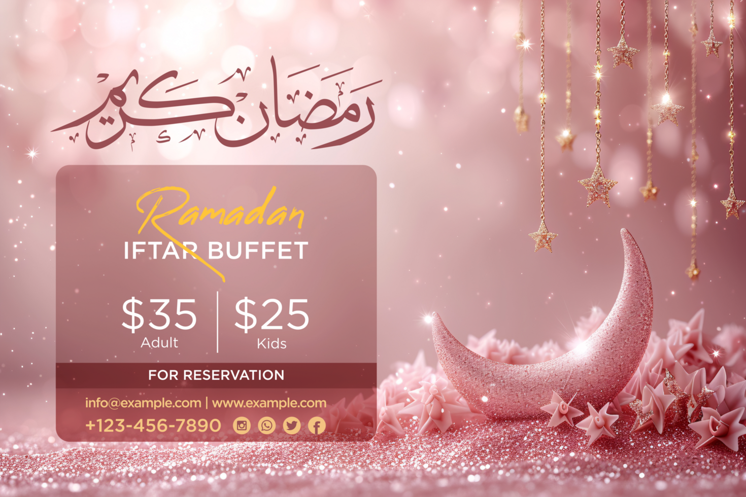 Elegant Ramadan Iftar Buffet Poster Design with Vertical Layout Featuring Crescent Moon and Golden Decorations psd