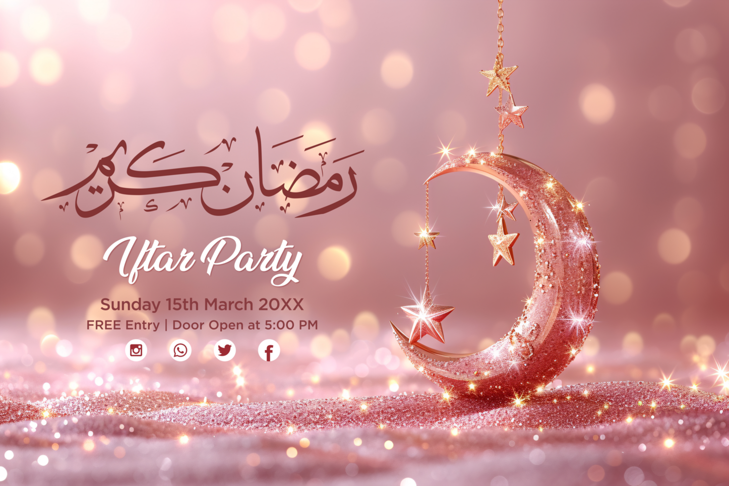 Ramadan Iftar Party Invitation Banner with Crescent Moon, Golden Stars, and Traditional Islamic Patterns psd