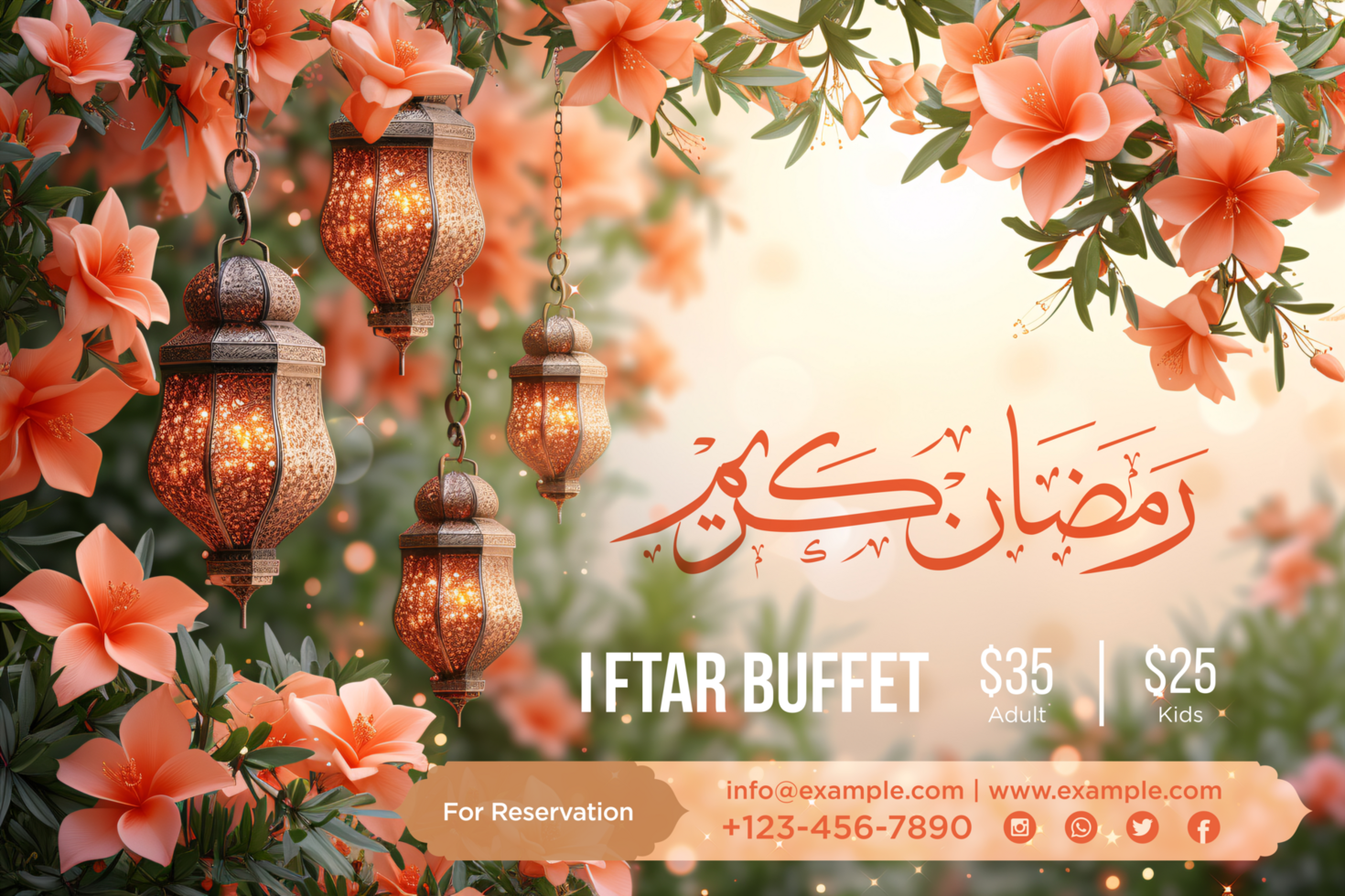 Ramadan Hanging Lantern Banner with Flower and garden theme and Traditional Arabic Decorations psd