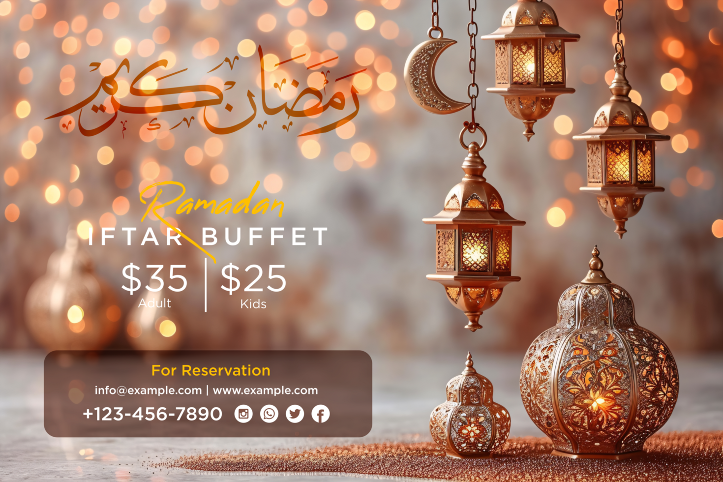 Ramadan Kareem Iftar Celebration Banner with Traditional Arabic Patterns and a Beautiful Gold Lantern psd